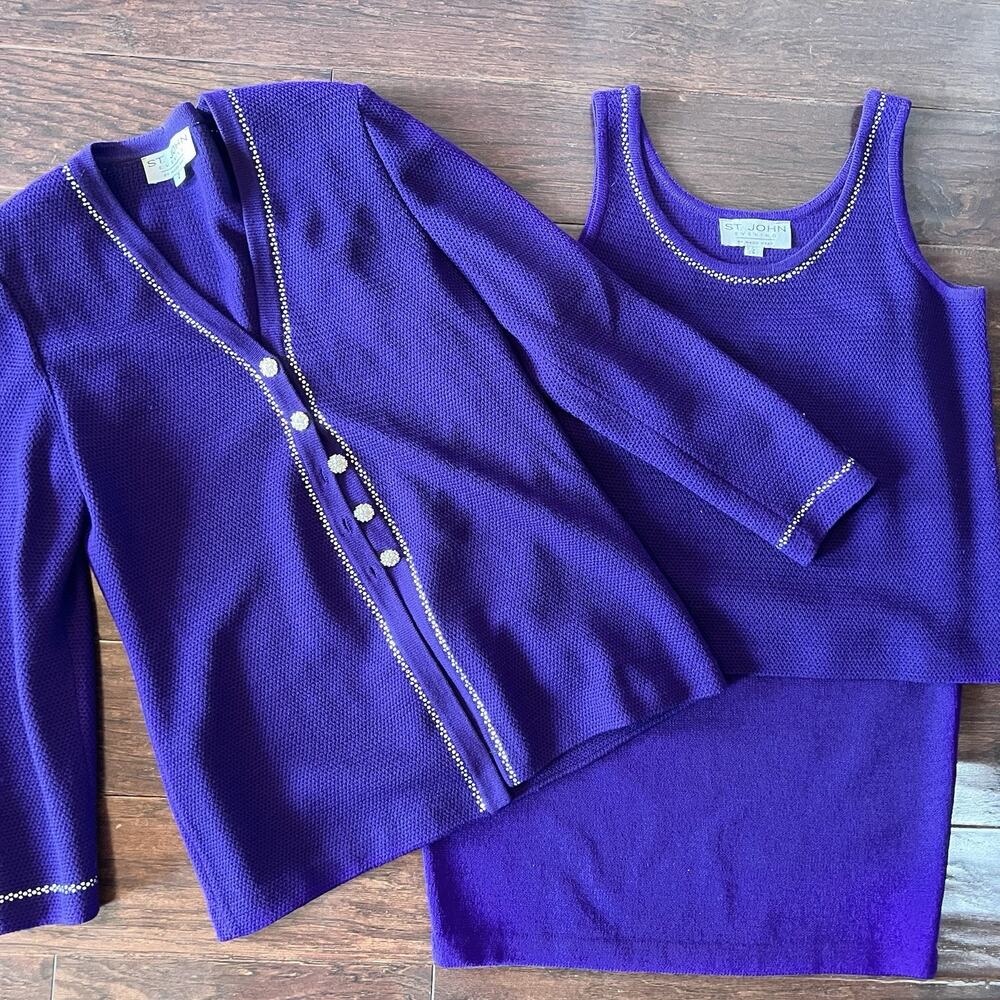 St. John Evening Purple crystal trimmed Santana knit cardigan Skirt & top Sz 2-4
